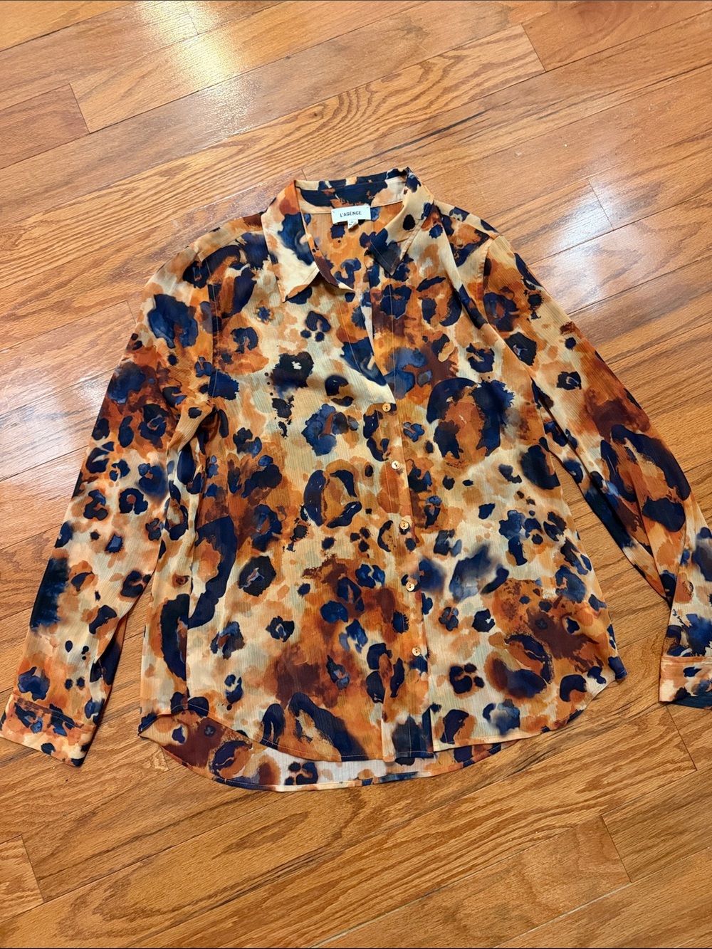 L'AGENCE Brown and Navy Abstract Leopard Button-Down Blouse